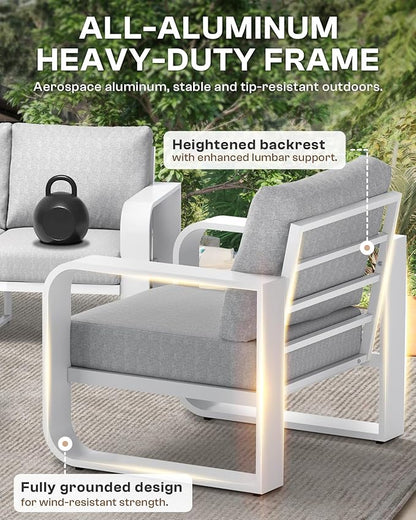 Aluminum Outdoor Patio Furniture Set 4 Piece, Oversized Patio Conversation Sets Widened Armrest & Ultra-Thick Cushions, Deep Seating Modern Sectional Furniture for Backyard, Porch, White