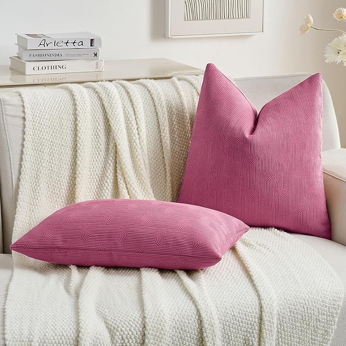 FUTEI Hot Pink Chenille Decorative Throw Pillow Covers 22x22 Inch Set of 2,Soft Cozy Striped Geometric Patterns Cushion Cases,Modern Home Decor for Couch Bed Living Room