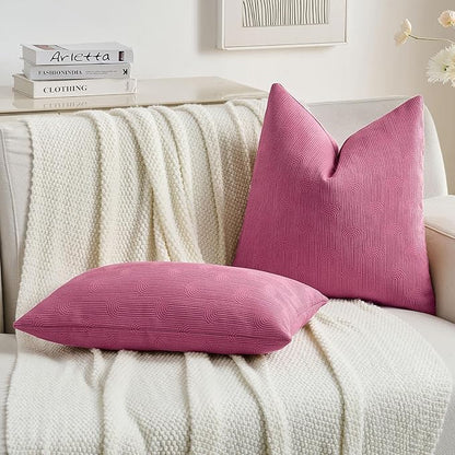 FUTEI Hot Pink Chenille Decorative Throw Pillow Covers 12x20 Inch Set of 2,Soft Cozy Striped Geometric Patterns Lumbar Pillow Cases,Modern Home Decor for Couch Bed Living Room