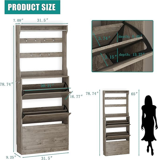 Shoe Cabinet for Entryway with 3 Flip Drawers, Grey Tall Wood Shoe Storage Cabinet with Coat Rack, Narrow Hidden Slim Freestanding Shoe Rack Organizer, 2 in 1 Hall Tree for Living Room, Hallway