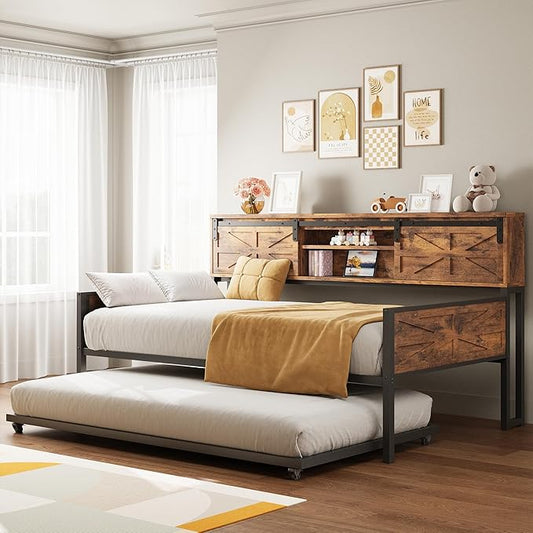 LIKIMIO Daybed with Trundle Bed, Sofa Bed Twin with Charging Station, with Storage Headboard & Strong Support, for Living Room, Bedroom and Guest Room, Industrial Brown