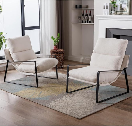 LukeAlon Modern Sherpa Accent Armchairs Set of 2, Upholstered Living Room Chairs with Metal Base Thickened Cushion Single Sofa Chairs Comfy Lounge Chairs for Bedroom Living Room, White