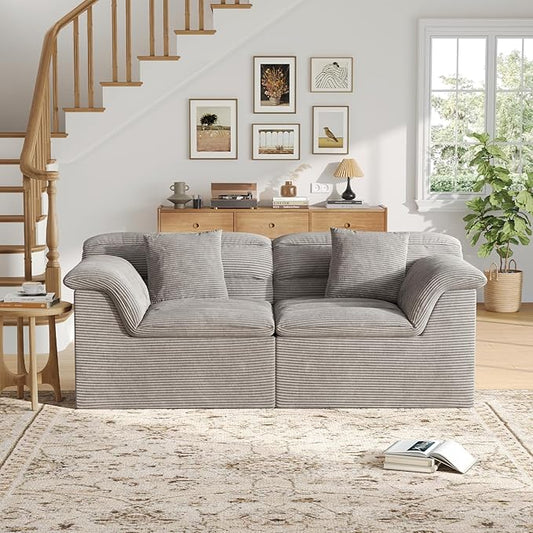 81" Sofa with Deep Seats Oversize, 2 Seater Cloud Couches, Upholstered Corduroy Loveseat for Living Room Bedroom, No Assembly Required, Light Gray