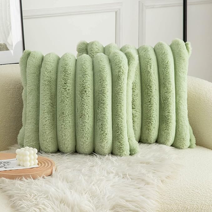 Neelvin Green Faux Fur Cozy Soft Striped Decorative Throw Pillow Covers 16x16 inch Set of 2,Velvet Pillowcase Cushion Case for Sofa Couch