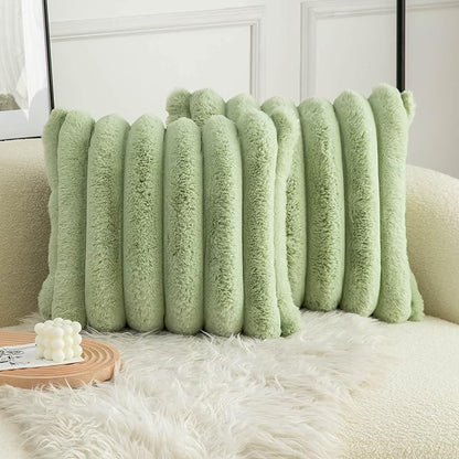 Neelvin Green Faux Fur Cozy Soft Striped Decorative Throw Pillow Covers 24x24 inch Set of 2,Velvet Pillowcase Cushion Case for Sofa Couch