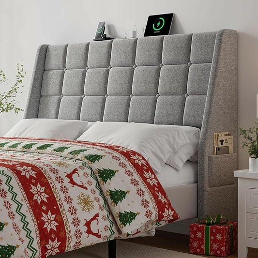Ergonomic Upholstered Headboard Queen Size w/Charging Station, Linen Wingback Headboards w/Storage Pocket, Queen Headboard Only, Bed Frame Adapters, Sturdy Stable Solid Wood Bed Head Board, Light Grey
