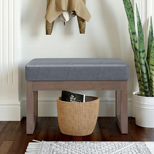SIMPLIHOME Milltown 27 inch Wide Contemporary Rectangle Footstool Ottoman Bench in Stone Grey Vegan Faux Leather, Assembled, For the Living Room and Bedroom