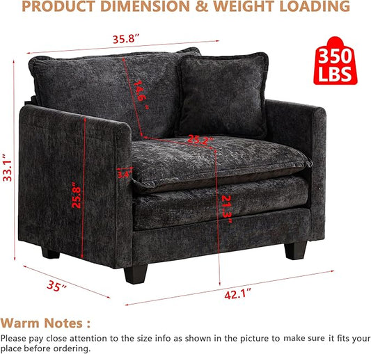 Aoowow Chenille Upholstered Accent Chair Oversized,Fluffy Single Cloud Sofa Chairs with Deep Seat,Modern Large Reading Arm Chair with Throw Pillow for Living Room,Bedroom (Black, Single Sofa Chair)