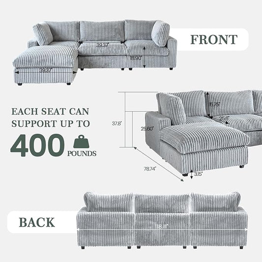 Sectional Couches for Living Room, L Shaped Couch with Chaise Ottoman, 4 Deep Seat Cloud Couch with Removable Covers, Modular Sofa for Home, Apartment, Gray