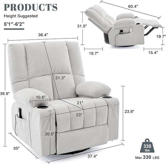 Swivel Rocker Chair with Heat and Massage, 270° Power Recliner Chairs for Adults, USB and Type-C Ports, Oversized Recliner Single Sofa, Electric Glider Chair(LightGrey)