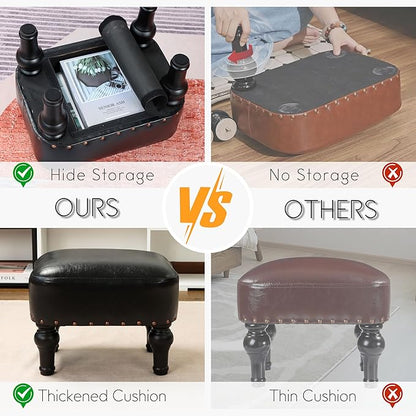 Ottoman Leather Foot Rest with Thicker Foam Padded Seat, Footstool with Wooden Legs (Black)