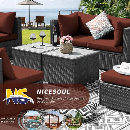 NICESOUL 7 Pieces Modern Luxury 29.3'' High Back Outdoor Furniture Sofa Set, Extra Large Size Grey PE Wicker Patio Modular Sectional with Tables, All-Weather Rattan Conversations for Backyard, Wine