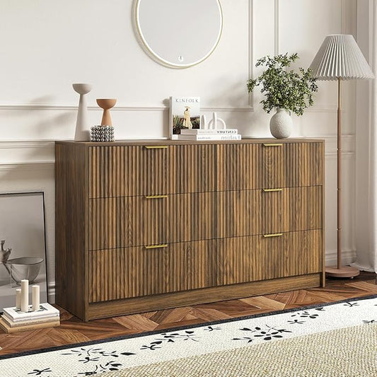 6 Drawers Fluted Dresser for Bedroom, 55" Wide Wooden Dresser with Deep Drawers, Large Floor Chest of Drawers, Modern Long TV Stand, Storage Cabinet Side Table, Walnut