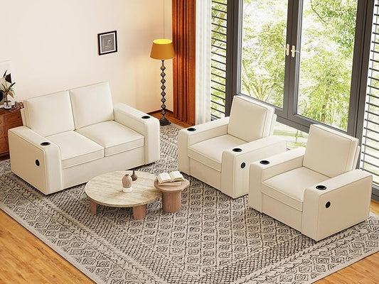 Furnimart 4-Seater Sectional Sofa and Couch Set Teddy Fabric, Loveseat & 2PC Chairs with USB Charger and Cup Holder, Small Living Room Furniture Set for Apartment, Tiny Homes and Lofts, 3PC-Beige