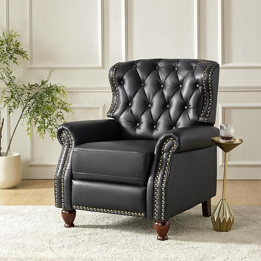 HULALA HOME Genuine Leather Recliner Chair with Solid Wood Feet, Modern Adjustable Tufted Push Back Arm Chair w/Rivet Decoration, Home Theater Seating Single Reclining Sofa for Living Room, Black