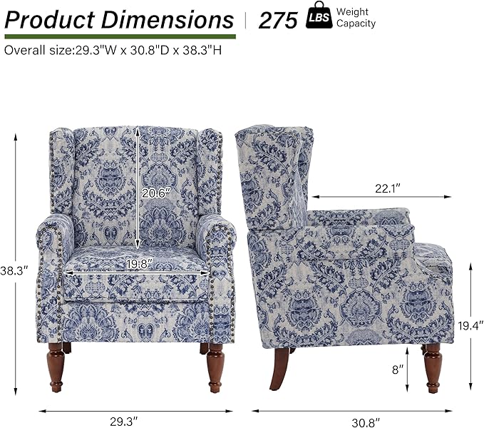 Accent Chair, Upholstered High Back Floral Armchair with Nailhead Trim & Wood Legs, Comfy Wingback Reading Single Sofa Chair for Small Spaces, Living Room, Bedroom ( Navy Blue Floral, Set of 1)