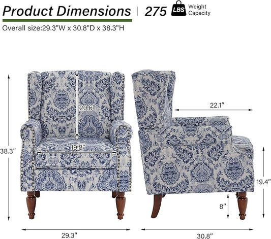 Accent Chair Set of 2, Upholstered High Back Floral Armchair with Nailhead Trim & Wood Legs, Comfy Wingback Reading Single Sofa Chair for Small Spaces, Living Room, Bedroom-Navy Blue Floral