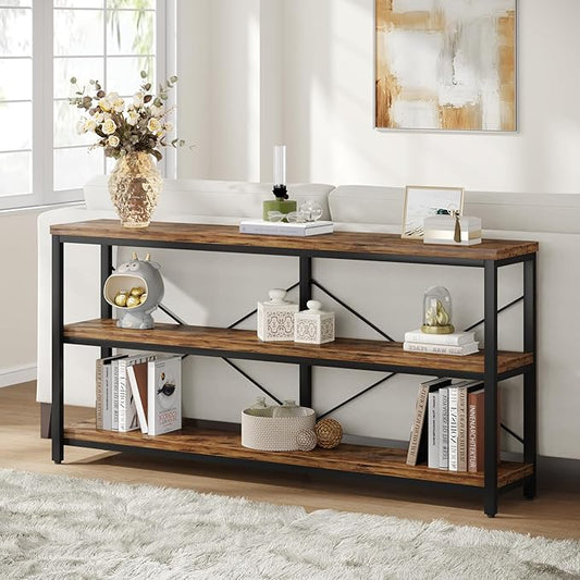 Tribesigns 55-Inch Industrial Sofa Table, 3-Tier Console Table with Metal Frame and Open Shelves, Modern Decorative Shelf, Open TV Shelf for Living Room, Entryway, Hallyway (Brown and Black)