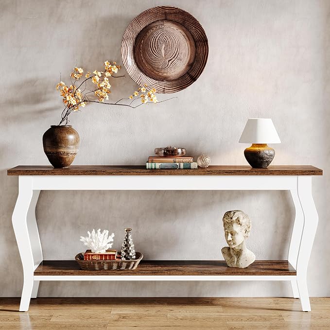 Tribesigns 70.9 Inches Extra Long Sofa Table Behind Couch, Vintage Console Entry Table with 2-Tier Storage for Hallway, Entryway, Living Room, White & Brown