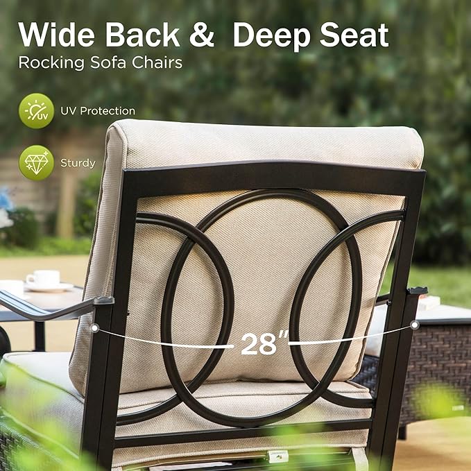 PHI VILLA Patio Furniture Set with 56" Fire Pit Table, Premium Outdoor Wicker Metal Frame Furniture with Upgraded Waterproof Thick Cushions for Porch, Poolside, Deck, and Yard（5 Pieces, Beige