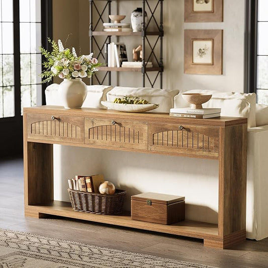 LITTLE TREE 70.8-Inch Long Console Table with 3 Drawers, Farmhouse Narrow Entryway Table for Hallway, Entry, Behind Couch, Sofa, Entrance, Living Room, Foyer with Open Shelves Rustic Brown