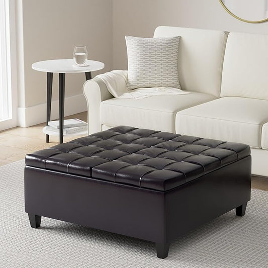 SIMPLIHOME Harrison 36 inch Wide Transitional Square Coffee Table Storage Ottoman in Tanners Brown Vegan Faux Leather, Assembled, For the Living Room and Bedroom