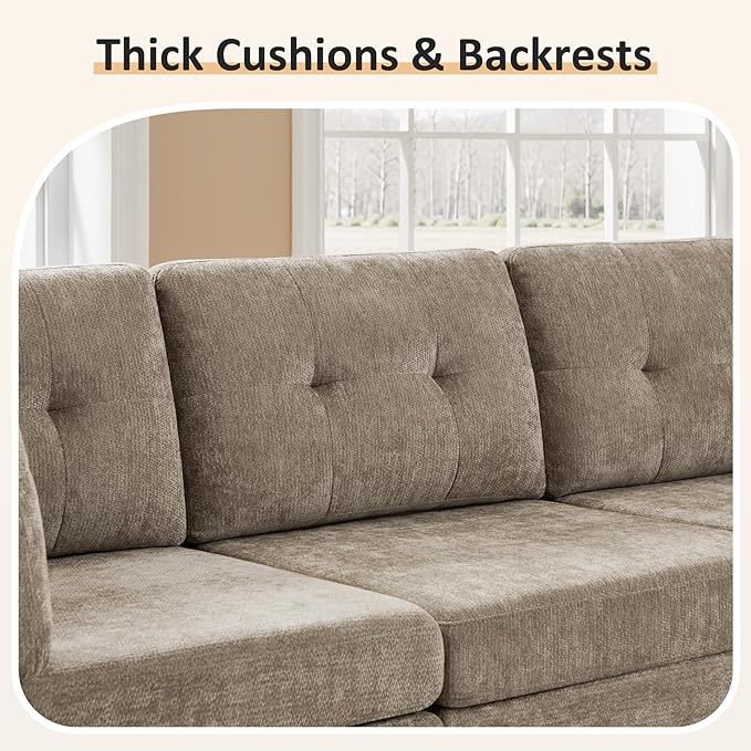 VANOMi 6 Seat Cloud Modular Sofa, 118" Convertible Sectional Cloud Sofas & Couches for Living Room, Comfy Chenille Sectional Couches for Living Room, Apartment, Office, Camel, Sofa Bed