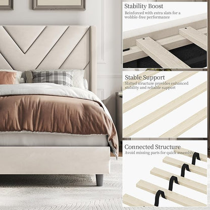 Yaheetech Twin Bed Frame Upholstered Platform Bed with Wing Side/Wooden Slat Support/Tufted Headboard with Wing Side/Mattress Foundation/No Box Spring Needed,Beige Twin Bed
