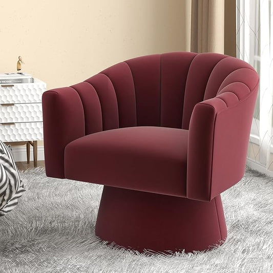Swivel Accent Chair,Upholstered Velvet 360° Swivel Barrel Chair for Living Room Overstuffed Bouncle Reading Chair Round Armchair for Bedroom,Vanity,Office(Red)