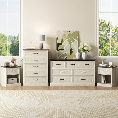 CARPETNAL Farmhouse Dresser and Nightstand Sets for Bedroom, 4 Pcs Bedroom Set, 5 Drawer & 7 Drawer Dresser and Nightstand Set of 2, Wood Chest of Drawers for Living Room, Entryway, White