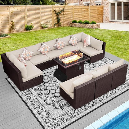 NICESOUL Modern Luxury Outdoor Patio Sectional Furniture Set with Fire Pit Table, Large Size PE Brown Wicker 29.3'' High Back Conversation Set with Natural Gas/Propane Fireplace, 11 Pieces 10 Seats