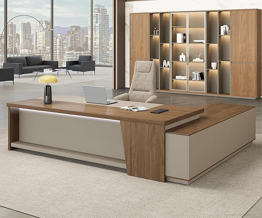 L-Shaped Executive Desk with Lockable Drawers – 79" Modern Large Executive Office Desk with LED, Lateral File Cabinet, Built-In Cable Box, Privacy Panel & Storage Shelves for Home or Business, Left