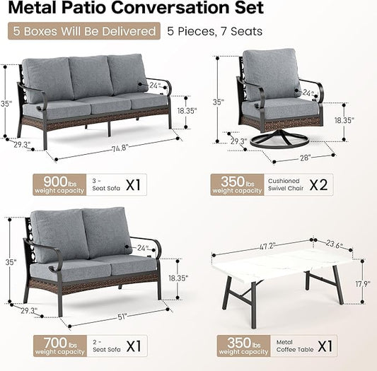 5 Piece Metal Outdoor Patio Furniture Set, Patio Conversation Sets 1 3-Seater Sofa, 2-Seater Sofa, 2 Swivel Sofa with 5.75" Thick Cushion & Coffee Table Black Backyard Furniture, Gray