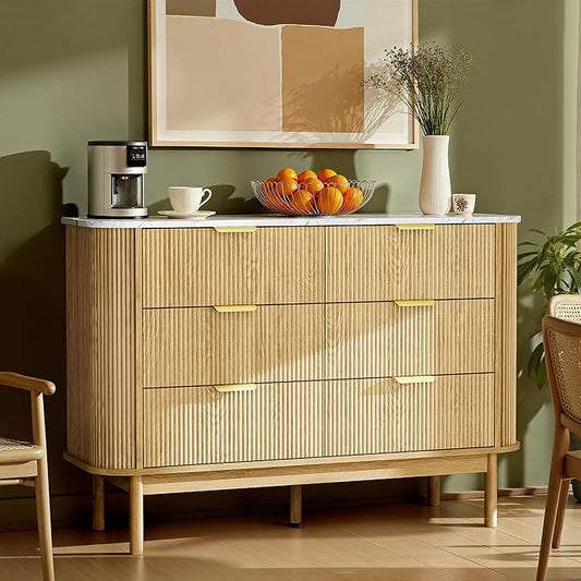 Fluted 6 Drawer Dresser for Bedroom, 47" Wide Chest of Drawers with Faux Marble Top & Curved Profile Design, Modern Dresser TV Stand, Wood Drawer Storage Organizer for Living Room, Natural