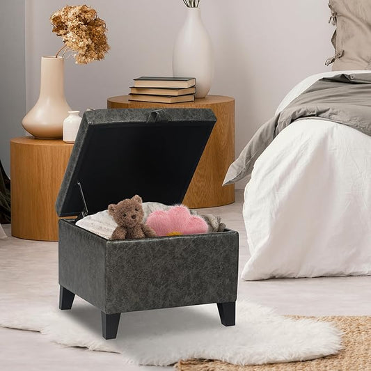 Asense 17 Inch Storage Ottoman Foot Rest,Square Faux Leather Foot Stool,Small Ottoman with Storage,Padded Seat for Entryway,Living Room,Bedroom,Couch,Under Desk,Dark Grey