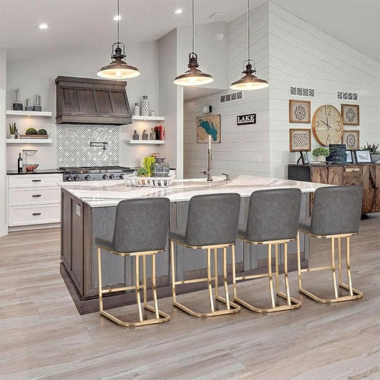Sophia & William Counter Height Bar Stools Set of 4, Gold Bar Stools for Kitchen Island, Modern PU Leather Counter Stools,Grey & Gold