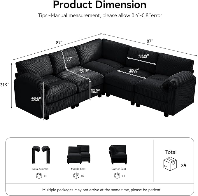 87'' V-Shaped Sectional Sofa Couch, 5-Seater Modular Couches for Living Room, Corduroy Deep Seat Cloud Sofa with Center Stitched, Black