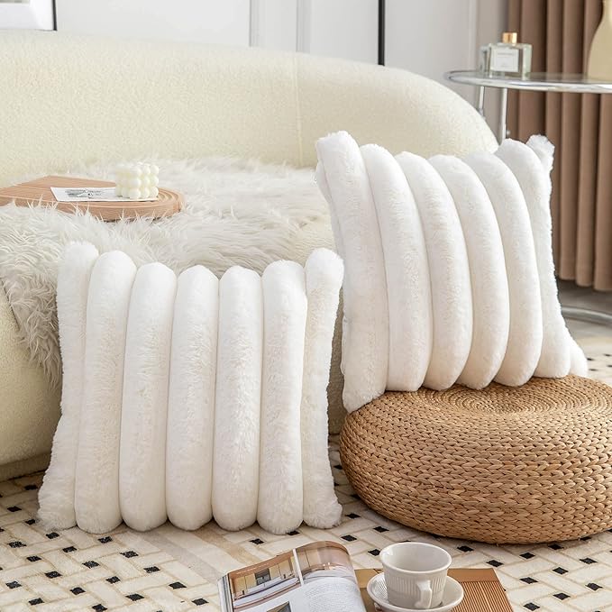 Neelvin Cream White Faux Fur Cozy Soft Striped Decorative Throw Pillow Covers 12x20 inch Set of 2,Velvet Pillowcase Cushion Case for Sofa Couch