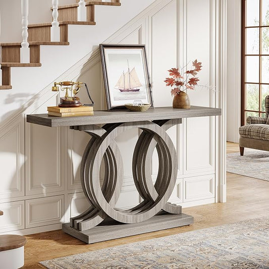 Tribesigns 55-Inch Console Table with Geometric Wood Base, Modern Entryway Table with Thick Tabletop for Living Room, Hallway, Foyer (Gray)