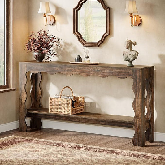 Tribesigns 63 Inch Entryway Table, Modern Rustic Entry Table with Scalloped Edge & Storage Shelf, Accent Narrow Long Sofa Table Behind Couch Console Tables for Entryway, Living Room, Dark Brown