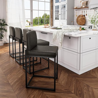 ALPHA HOME 24 Inch Bar Stools Set of 3, Kitchen Counter Stools with Backs, PU Leather Barstools, Kitchen Stools with Back&Upholstered Footrest, Sturdy Chromed Metal Steel Frame, Grey