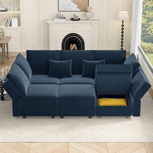 Vesgantti Sectional Sleeper Sofas with Storage, 92" Sofa Bed with 6 Seats Storage Chaises Removeble Cover, Deep Seat Modular Couches Velvet Couch Set for Living Room, Apartment, Home Theatre, Blue
