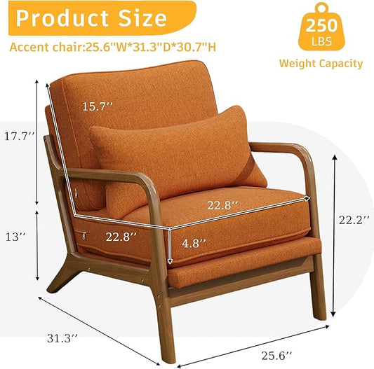 Mid-Century Accent Chair,Linen Fabric Lounge Chair with Wide Armrest, Armchair with Lumbar Pillow & Solid Wood Frame for Living Room, Bedroom, Reading Nook(Orange)
