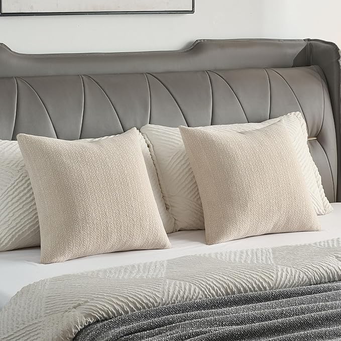 FUTEI Beige Chenille Throw Pillow Covers 22x22 Inch Set of 2,Soft Striped & Diamond Textured Cushion Cases,Modern Home Decor for Couch Living Room