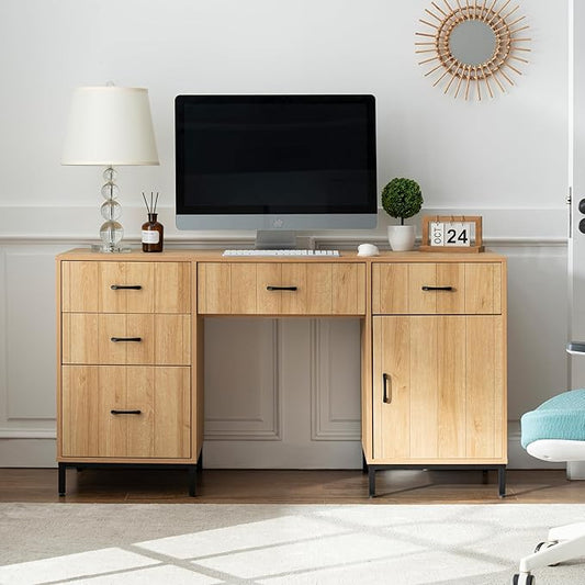 55" Executive Desk, Modern Wood Office Table with Charging Station, 5 File Drawer & 1 Storage Cabinet, Home Computer Writing Desk for Work Study, Living Room, Bedroom (Natural Oak)