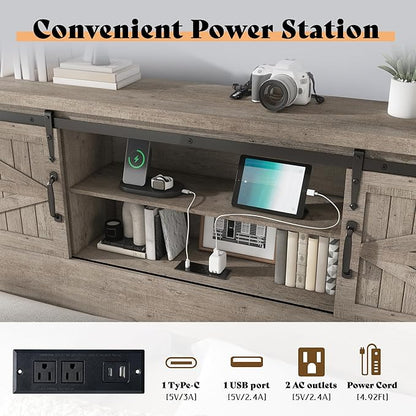 AMERLIFE Farmhouse Full Bed Frame with Storage Headboard & Charging Station, Rustic Wood Platform Bed with Barn Door Bookcase, No Box Spring Needed, Light Grey Bedroom Furniture