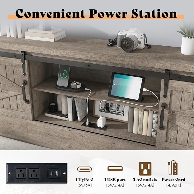AMERLIFE Farmhouse Queen Bed Frame with Storage Headboard & Charging Station, Rustic Wood Platform Bed with Barn Door Bookcase, No Box Spring Needed, Light Grey Bedroom Furniture