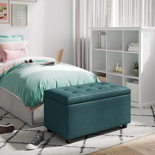 SIMPLIHOME Cosmopolitan 34 inch Wide Contemporary Rectangle Storage Ottoman in Teal Polyester Fabric, Assembled, For the Living Room, Entryway and Family Room