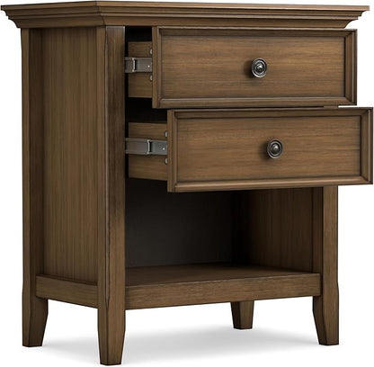 SIMPLIHOME Amherst Bedside Table - 24 inch Wide Solid Wood Nightstand Table in Rustic Natural Aged Brown, Transitional Bedroom Side or End Table with 2 Drawers, Open Storage Shelf and Bronze Hardware