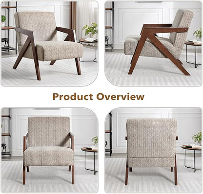 Bonzy Home Mid-Century Modern Accent Chair with Wood Frame, Upholstered Armchair for Bedroom & Living Room, Linen Fabric Cushion, Z-Shaped Armrest Design, Sturdy Lounge Chair,Brown